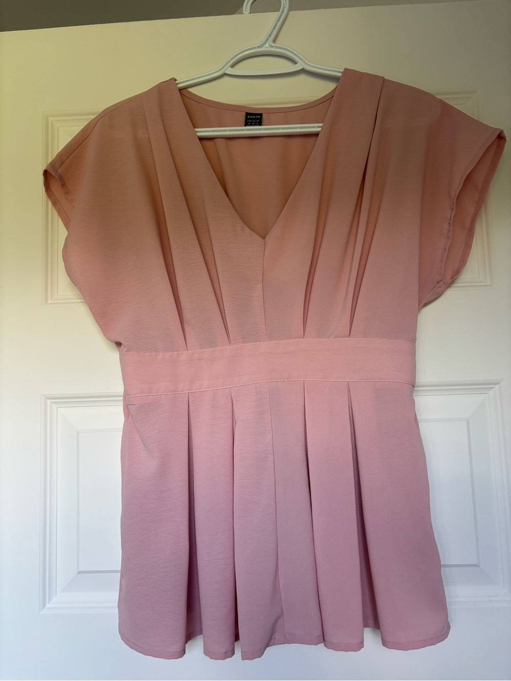 Soft Pink Women's Pleated V-Neck Blouse